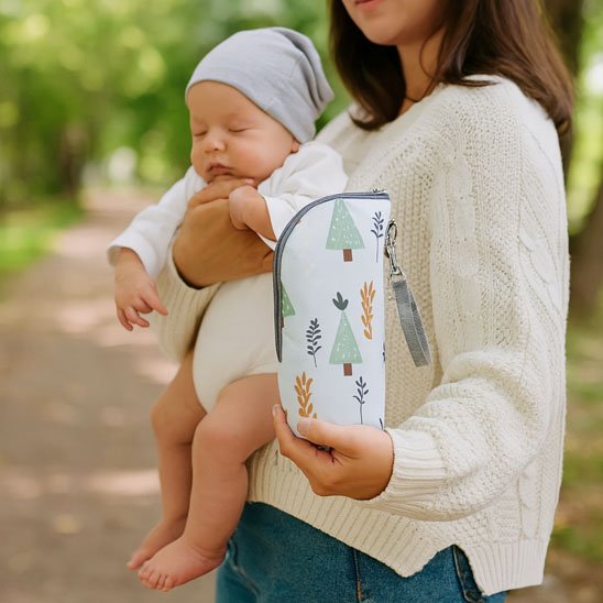 Porte biberon au design nature discret et moderne, accessoire bébé facile à entretenir et adapté aux déplacements quotidiens
