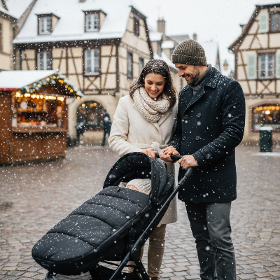 Chancelière poussette noir avec intérieur ultra-doux, entouré de vents glacials et de flocons de neige.