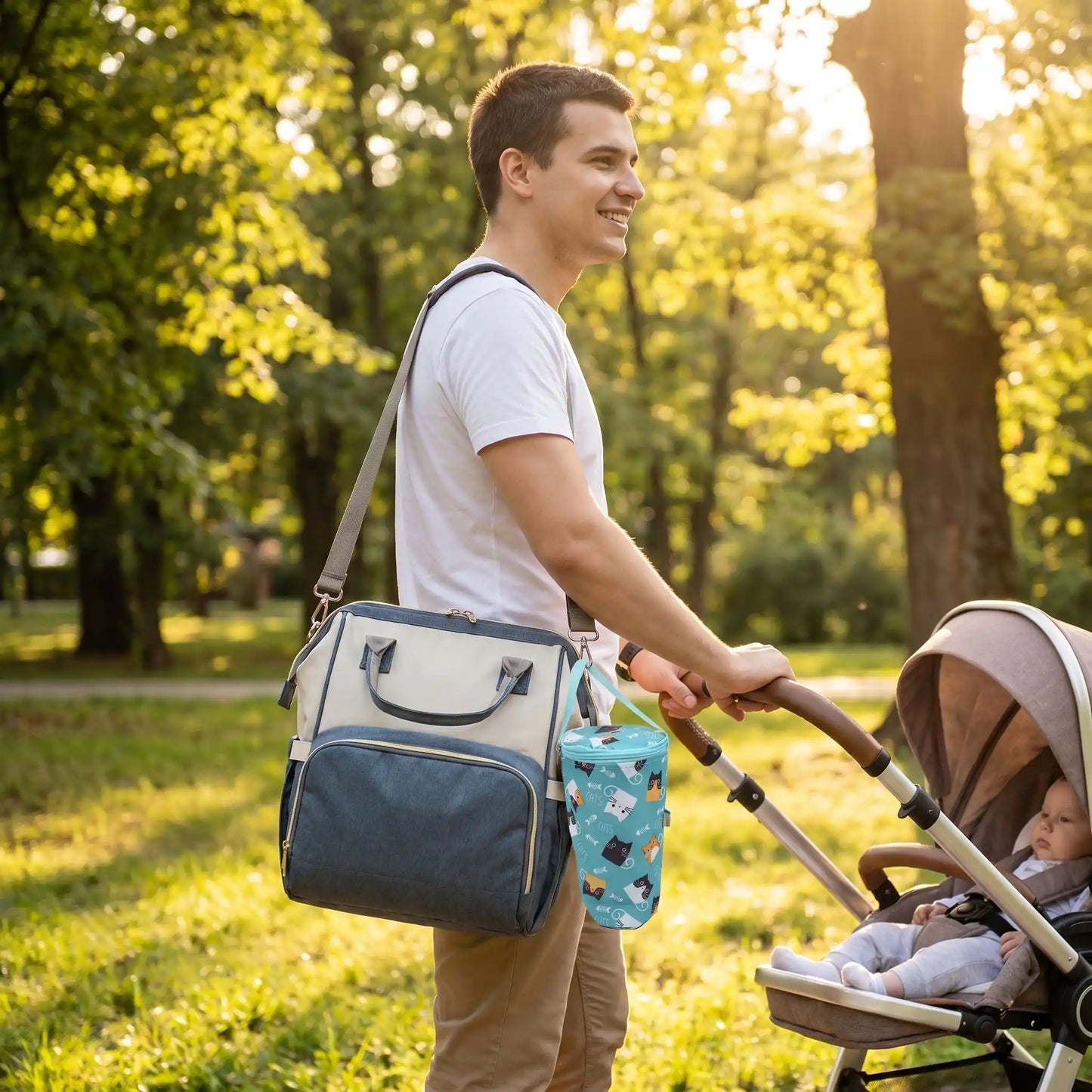 Porte biberon isotherme accroché dans le sac à langer du papa lors d'un sortie avec son bébé au parc 