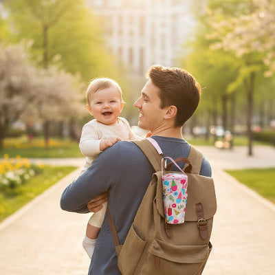 Porte biberon à motifs crème glacée rose accroché du sac à dos à langer du papa lors d'une promenade avec son bébé
