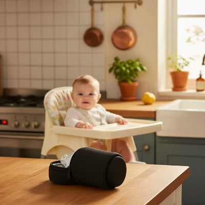 Porte biberon noir posé sur une table avec un bébé assis en arrière plan sur une chaise pliante 