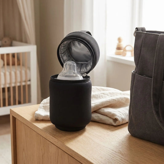 Porte bébé isotherme noir montrant un biberon à l'intérieur 
