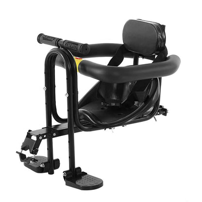 Porte bebe velo universel en métal noir avec fixation stable sur cadre, repose-pieds sécurisés et conception compacte pour pédalage fluide
