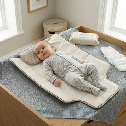Tapis à langer nomade avec bébé installé sur le tapis 