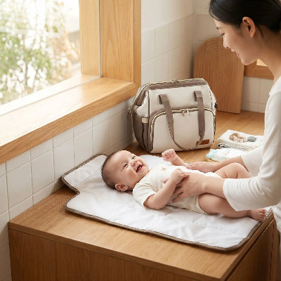 Tapis à langer nomade avec bébé couché confortablement 