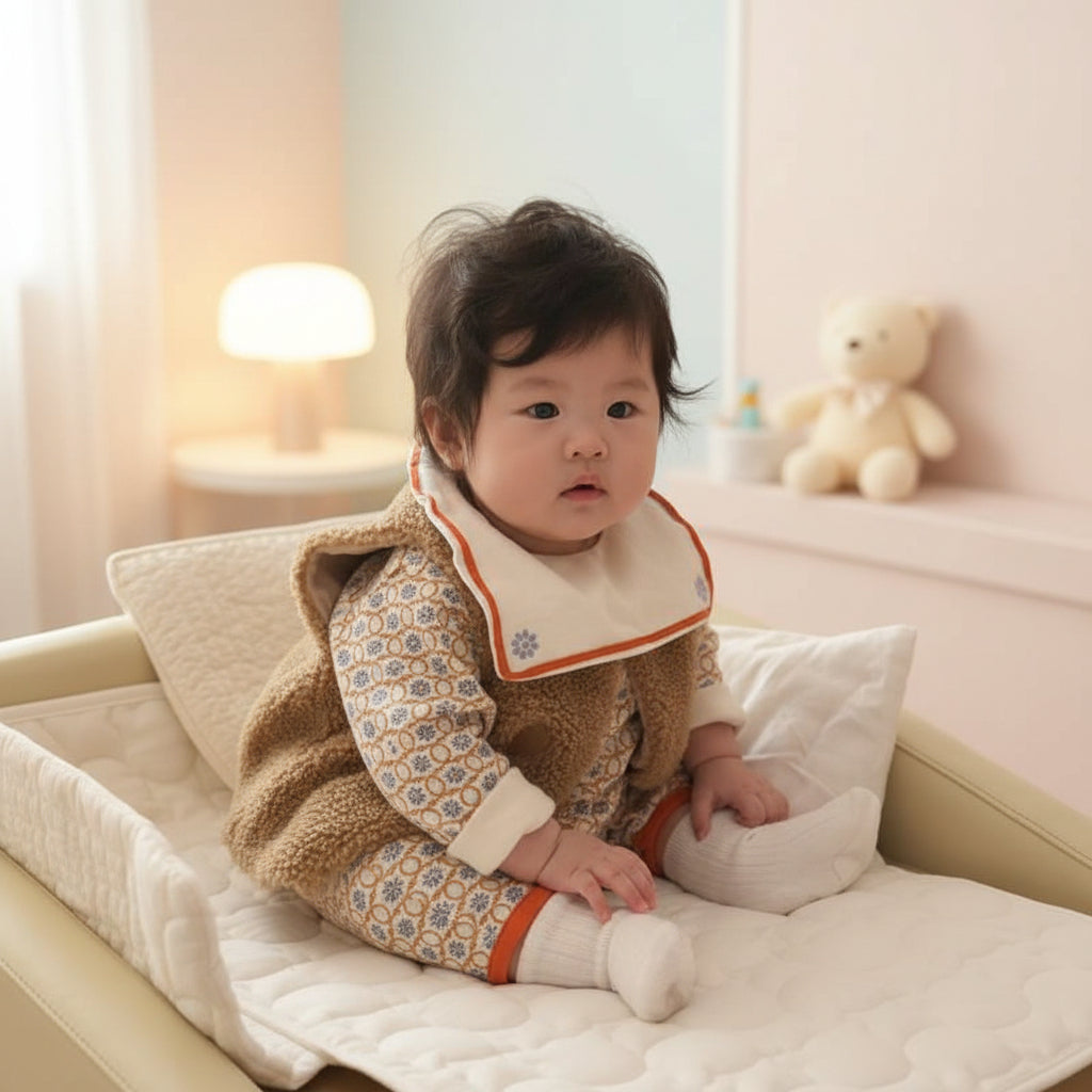 Tapis à langer nomade blanc avec bébé assisse sécuritairement sur le tapis dans sa chambre 