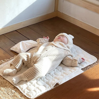 Tapis à langer nomade blanc avec bébé endormi confortablement sur le tapis 