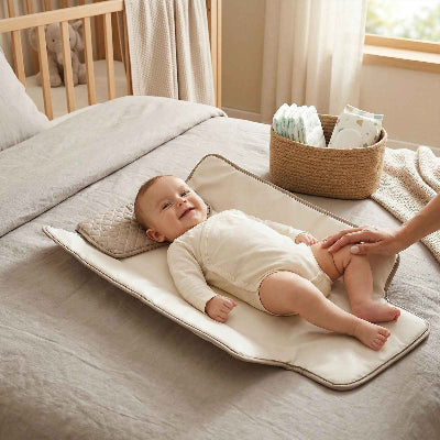 Tapis à langer nomade brun avec bébé souriant et maman 