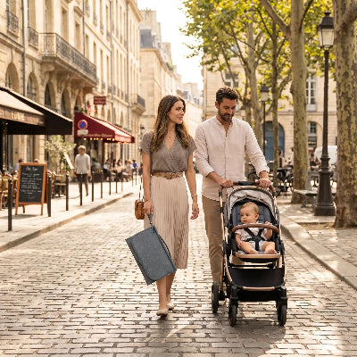 Tapis à langer nomade dans une sortie en famille dans le rue en France 