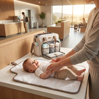 Tapis à langer nomade maman qui change son bébé, confortablement 