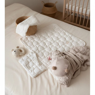 Tapis à langer nomade sur une lit dans une chambre de bébé