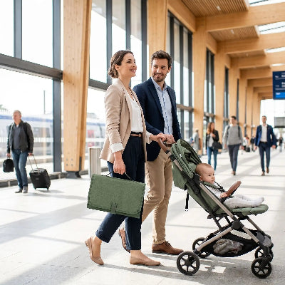 Tapis à langer nomade vert dans une sortie en famille dans une gare en france