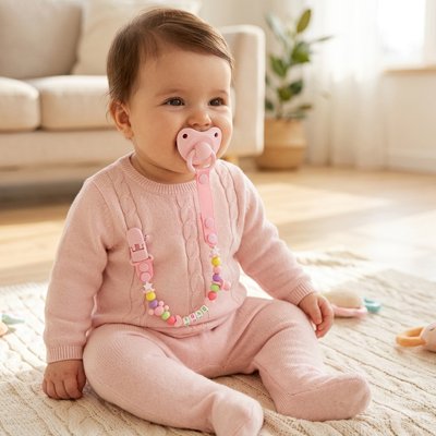 Attache tetine rose perles colorées
