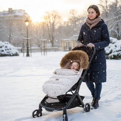 Chancelière poussette chaude et douillette – Bébé protégé du froid, de la neige et du vent lors des sorties hivernales en poussette, avec intérieur ultra-doux et col en fourrure amovible.