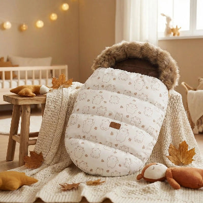 chancelière poussette universelle beige avec motifs d'ourson, dans une ambiance chaleureuse
