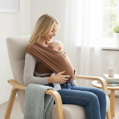 Écharpe porte bébé brun avec maman assisse au salon et bébé faisant une sieste paisiblement 