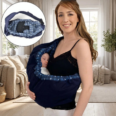 Écharpe bebe bleu avec maman lumière naturelle dans un salon 