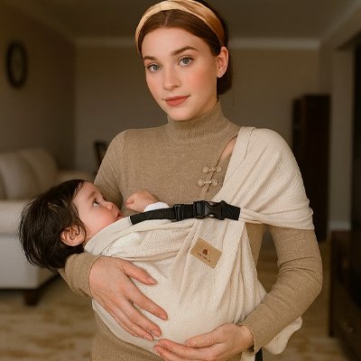 Echarpe de portage beige avec système de fixation robuste et réglable du porte-bébé pour un ajustement sécurisé 