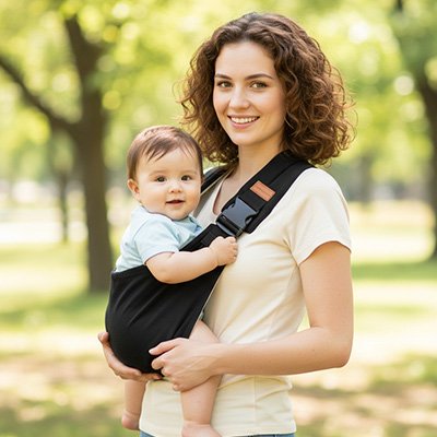 Echarpe de portage sling bébé avec sangle réglable, position physiologique sécurisée et design réversible noir