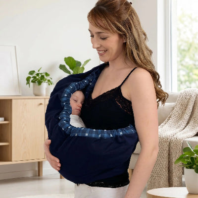 Écharpe de portage bébé dans un décor scandinave lumineux avec rendu réaliste haute qualité