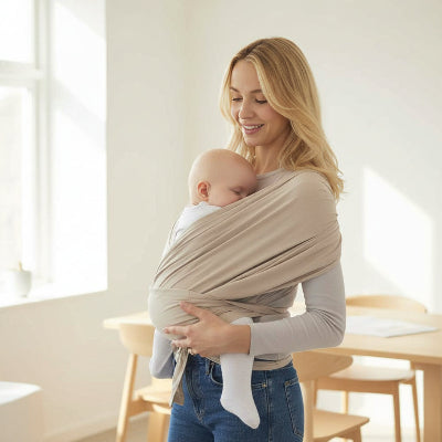 Écharpe porte bebe beige avec bebe endormi confortablement dans les bras de maman