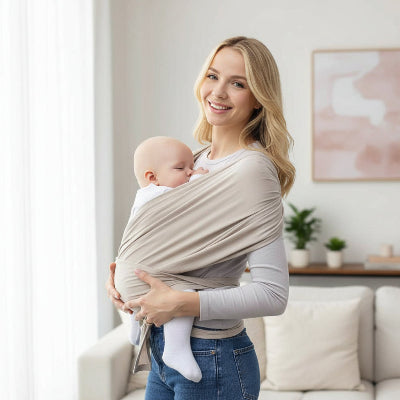 Écharpe porte bebe beige avec bebe dormant  confortable