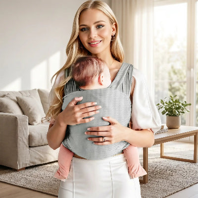 Écharpe porte bebe gris avec bebe en position M dans les bras de maman 