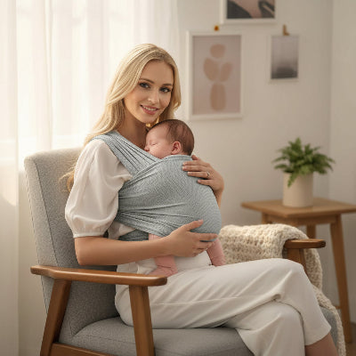Écharpe porte bebe gris clair ergonomique et respirante avec bébé endormi dans le bras de maman