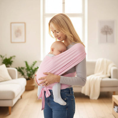Écharpe porte bebe avec bebe endormi cozy dans les bras de maman dans un salon avec lumieres chaudes