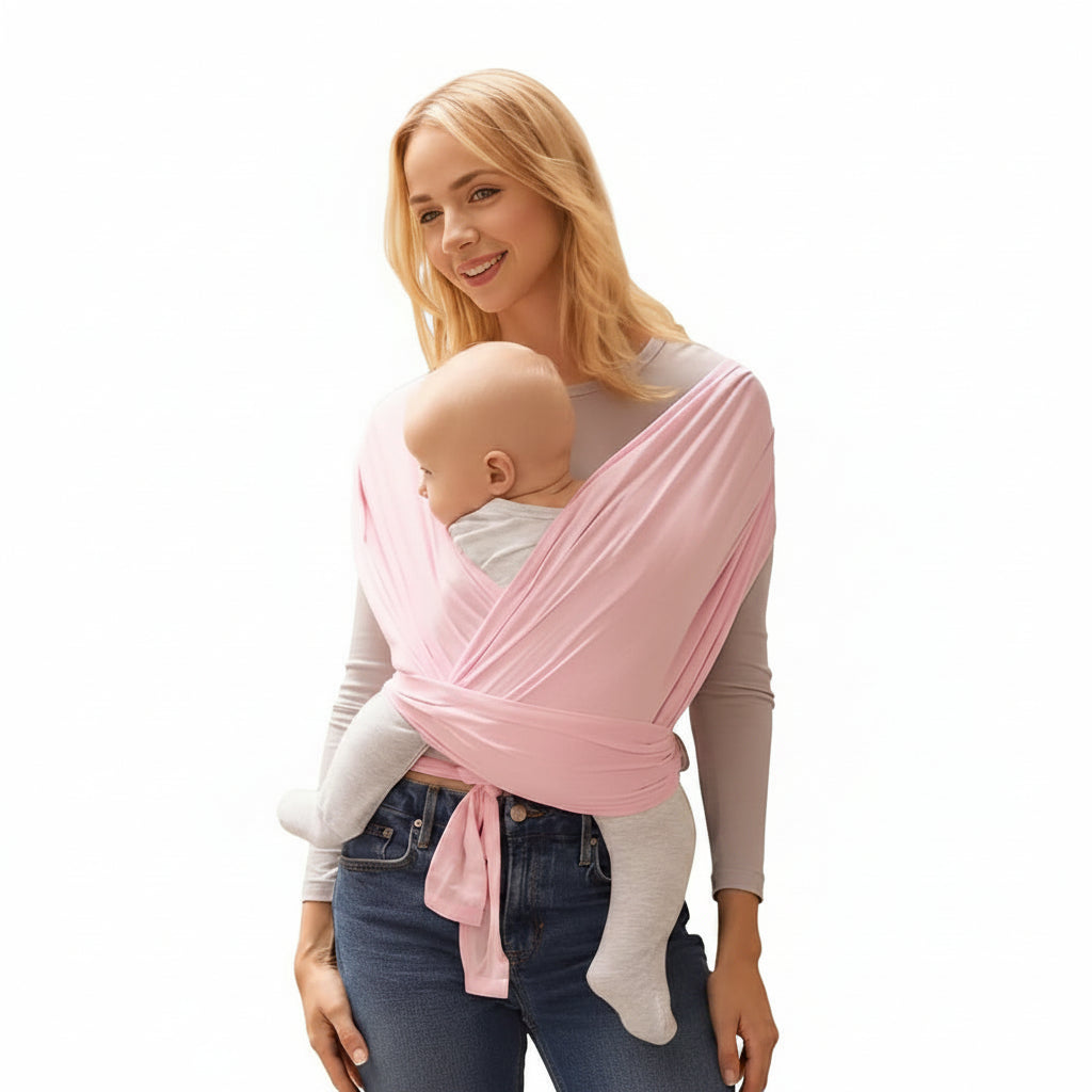 Écharpe porte bébé rose clair ergonomique en studio