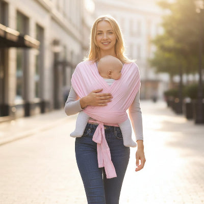 Écharpe porte bebe rose avec maman en faisant une marche dans les rues de France, bebe positionné confortablement en M