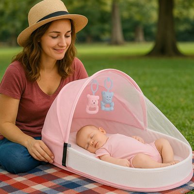 lit bebe de voyage rose portable avec moustiquaire retractable anti-moustique,  confortable, jouets suspendus