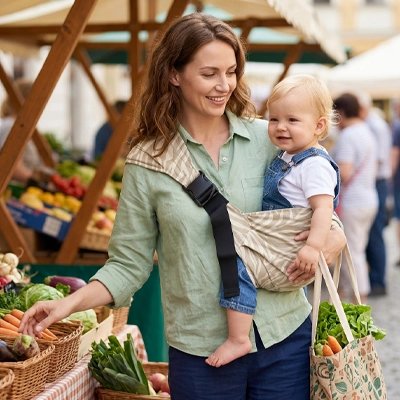 Porte bébé ajustable, maintenant l'enfant en position physiologique pour un confort optimal et une liberté de mouvement.