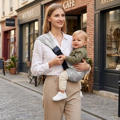 Porte bébé avec sangle d'épaule rembourrée, offrant un transport confortable et sécurisé pour bébé lors des promenades et des sorties quotidiennes
