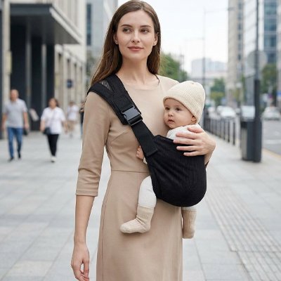 Porte bebe compact et minimaliste noir uni porté par un parent, système mains libres confortable et sécurisé