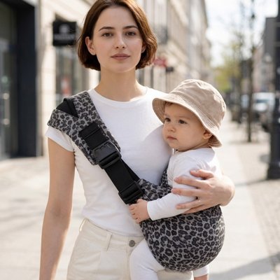 Porte bebe motif léopard tendance avec sangle d’épaule réglable et clip de sécurité pour maintien stable