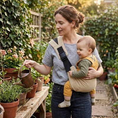 Porte bebe Parent utilisant un porte-bébé ergonomique latéral maintenant bébé en position physiologique