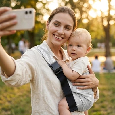Porte bébé pour bébé avec installation rapide, position latérale sur la hanche et design discret adapté aux parents actifs