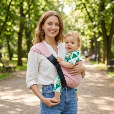 Porte bébé rose respirant en position ventrale, idéal pour garder les mains libres pendant les promenades et les déplacements