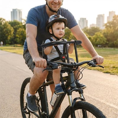 Porte bébé vélo avant sécurisé avec repose-pieds réglables, protection contre les chutes et compatibilité universelle tous vélos