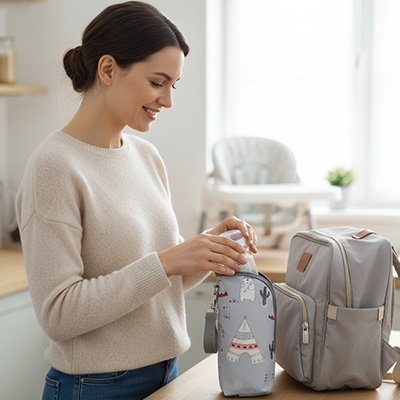 Porte biberon avec fermeture zippée sécurisée et revêtement imperméable, accessoire bébé idéal pour les déplacements quotidiens