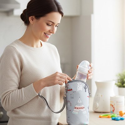 Porte biberon avec motif enfantin discret, accessoire bébé élégant et fonctionnel pour garder les boissons à température idéale