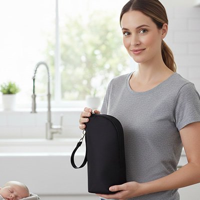 Porte biberon avec mousqueton d’attache pour poussette ou sac à langer, accessoire de transport bébé pratique et léger