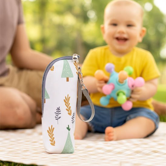 Porte biberon avec mousqueton de fixation, accessoire de transport bébé pratique à accrocher sur une poussette pour les sorties quotidiennes
