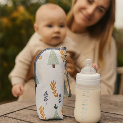 Porte biberon avec poignée de transport et fixation mains libres, idéal pour garder les mains libres pendant les sorties avec bébé