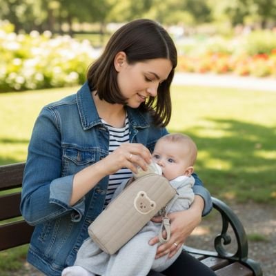 Porte biberon compact avec mousqueton, accessoire de transport bébé léger et facile à accrocher sur un sac à langer ou une poussette