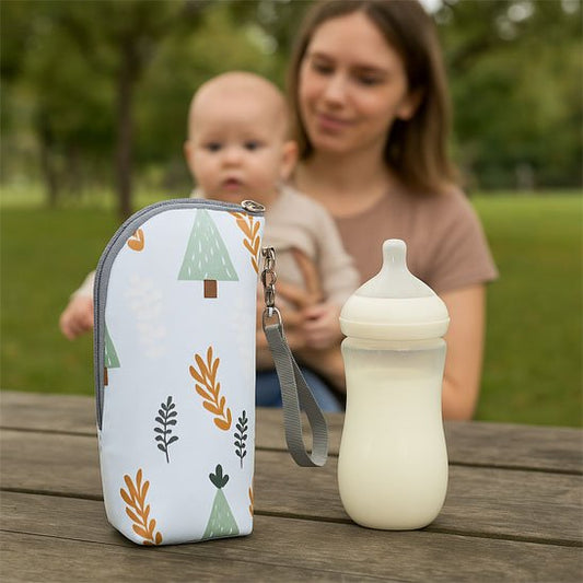Porte biberon compact pour bébé à motif nature, format ajusté facile à glisser dans un sac à langer pour conserver la température du lait