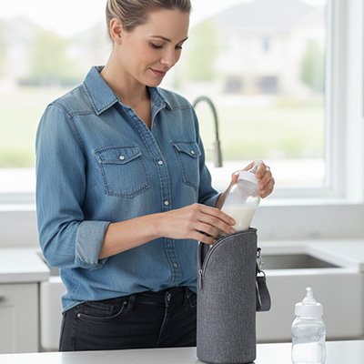 Porte biberon isotherme compact avec bandoulière ajustable et mousqueton pour poussette ou sac à langer