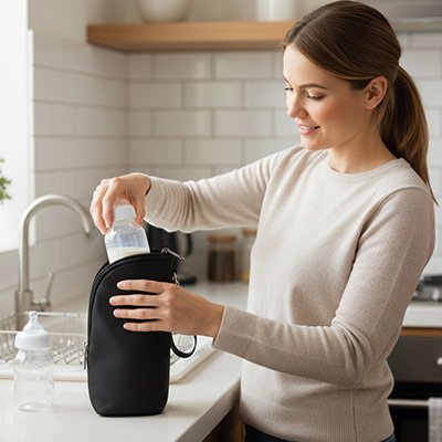 Porte biberon isotherme noir avec isolation thermique épaisse, accessoire de transport bébé pratique pour conserver le lait chaud ou froid