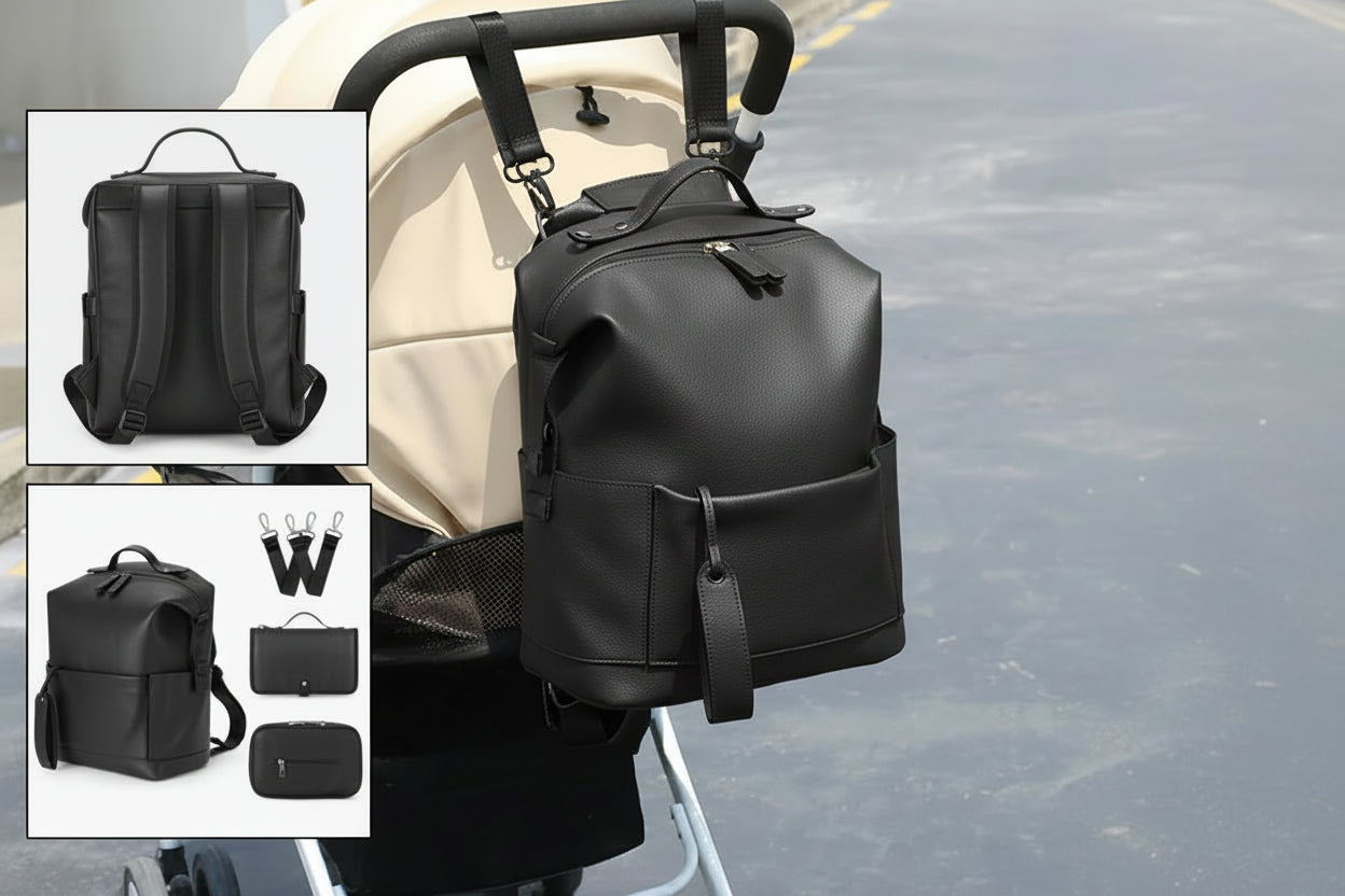 Sac à langer noir avec images d'accessoires de transport du sac